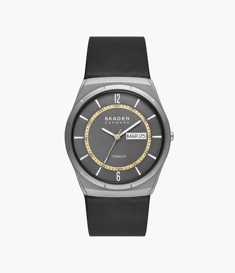Skagen Unisex Melbye Titanium Three-Hand Day-Date Black Leather Watch

