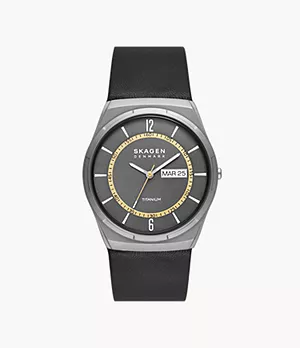Melbye Titanium Three-Hand Day-Date Black Leather Watch