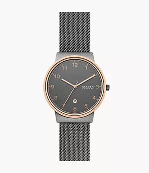 Ancher Three-Hand Date Charcoal Steel Mesh Watch