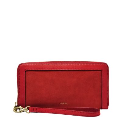 NEW FOSSIL FELICITY REAL RED PEBBLED LEATHER,GOLD BRASS TONE ZIP