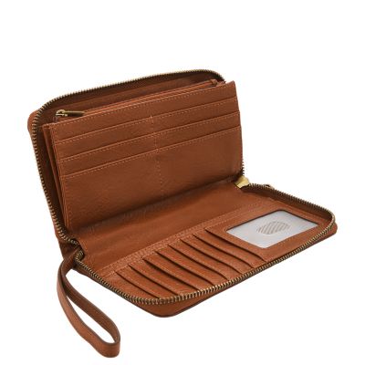 Daisy Rose Women’s Check Zip Around Wallet and Phone Clutch - RFID Blocking  with Card Holder Organizer -PU Vegan Leather, Brown