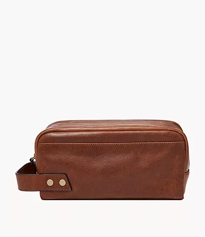 A brown leather wash bag