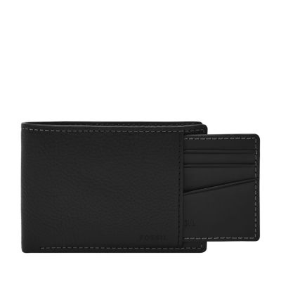 A black bifold wallet with a slideout card case.