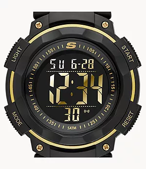 Skechers Ruhland 45 mm Sport Digital Chronograph Watch with Plastic Strap and Case, Black and Gold