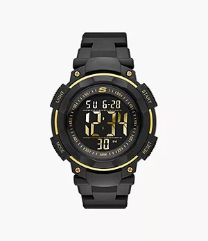 Montre chronographe Skechers Ruhland numérique sport de 45 mm avec bracelet et boîtier en plastique, noir et ton or