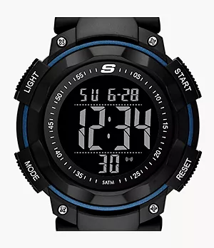 Montre chronographe Skechers Ruhland numérique sport de 45 mm avec bracelet et boîtier en plastique, noir et bleu