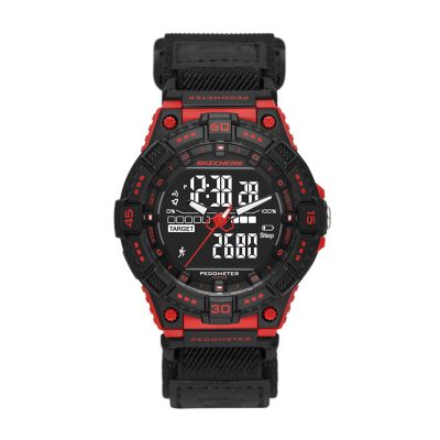 Skechers Men's Downey Men's 48Mm Black & Red Negative Display Fast Wrap Analogue-Digital Pedometer Watch - Black