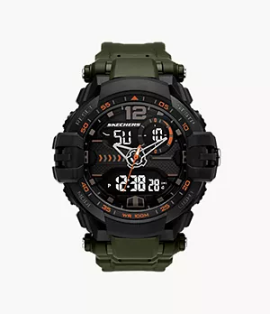 Skechers Men's Sullivan 52mm Analogue-Digital Watch with Army Green Strap and Black Case with Orange Accents
