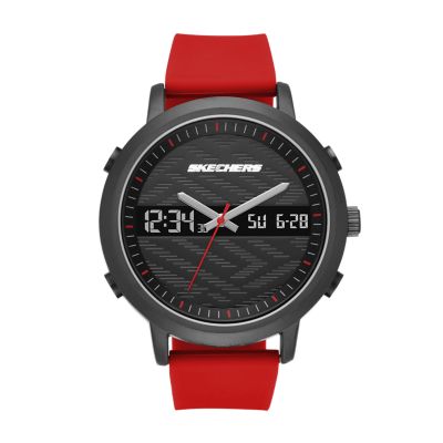 Skechers Men's Lawndale 48 Mm Analogueue-Digital Chronograph Watch With Silicone Strap & Metal Case, Black And Red - Red