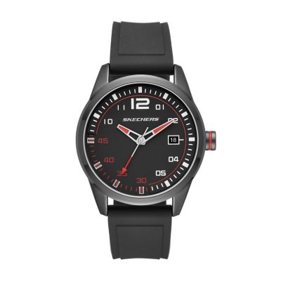 Skechers Men's Slauson 45 Mm Quartz Analogueue Watch With Date With Silicone Strap And Metal Case, Black With Red Accent - Black