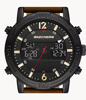Skechers Redlands Men's 47mm analogue-Digital Watch With Genuine Leather Bracelet And Metal Case, Cognac And Black