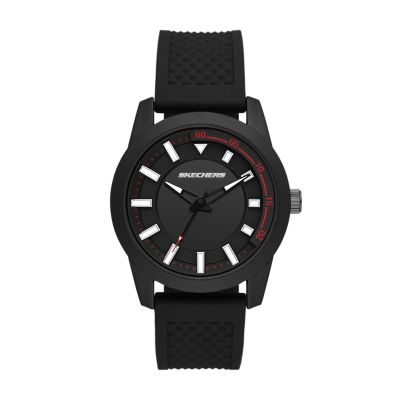 Skechers Men's Clement Men’S 43 Mm Black Analogue Watch With Red Accents & Black Silicone Strap - Black