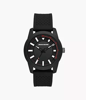 Skechers Clement Men’s 43 mm Black Analogue Watch with Red Accents & Black Silicone Strap