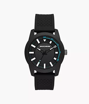 Skechers Clement Men’s 43 mm Black Analogue Watch with Bright Blue Accents & Black Silicone Strap
