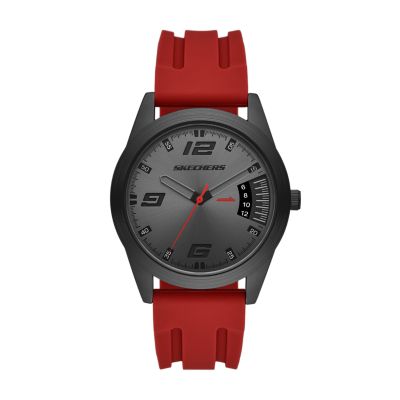 Skechers Men's Reseda Men's 43Mm Metal Case & Silicone Strap Quartz Analogue Three Hand/Date Watch, Red & Gunmetal - Red