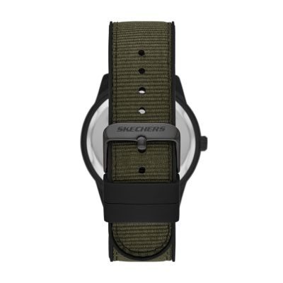 Skechers Men\'s Burlingame Nylon Green and Army Quartz Analog Station Watch - Three-Hand Silicone with with - Black SR5204 Date 45mm Black Watch Case Strap