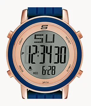 Skechers Westport 40 mm Digital Chronograph Watch with Silicone Strap and Metal Case, Navy and Rose Gold Tone