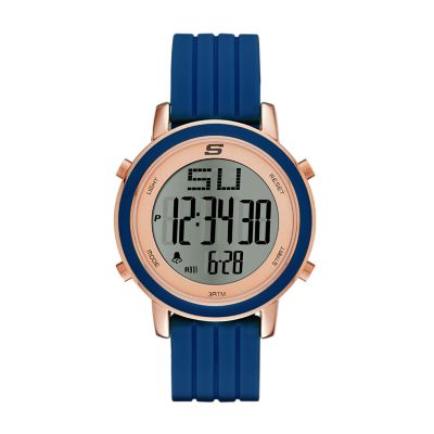 Skechers Women's Westport 40 Mm Digital Chronograph Watch With Silicone Strap And Metal Case, Navy And Rose Gold Tone - Blue