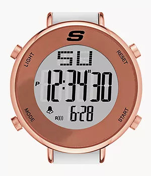 Skechers Magnolia 40 mm Digital Chronograph Watch with Silicone Strap and Metal Case, White and Rose Gold Tone