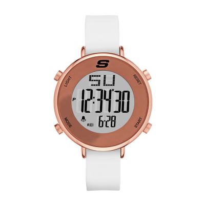 Skechers Women's Magnolia 40 Mm Digital Chronograph Watch With Silicone Strap And Metal Case, White And Rose Gold Tone - White