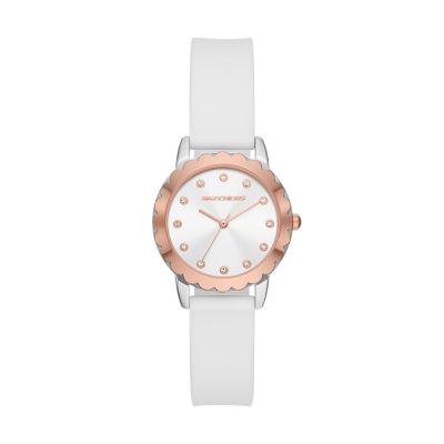 Skechers Women's Anaheim Women's 30Mm White, Silver & Rose Gold Tone Metal & Silicone Quartz Analogue 3-Hand Watch - White