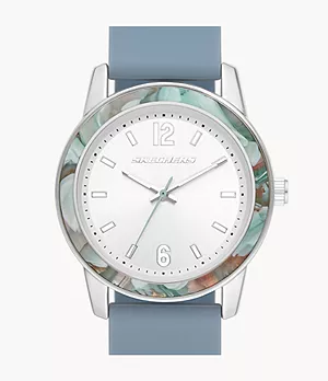 Skechers Brookhurst Women's 35MM Blue Silicone and Silver Tone Metal Quartz analogue 3-Hand Watch with Acetate Accent