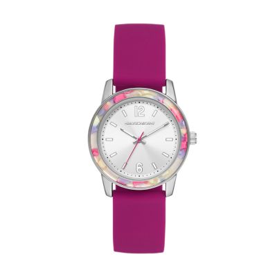 Skechers Brookhurst Women s 35MM Dark Pink Silicone and Silver Tone Metal Quartz analogue 3 Hand Watch with Acetate Accent SR6245 Watch Station