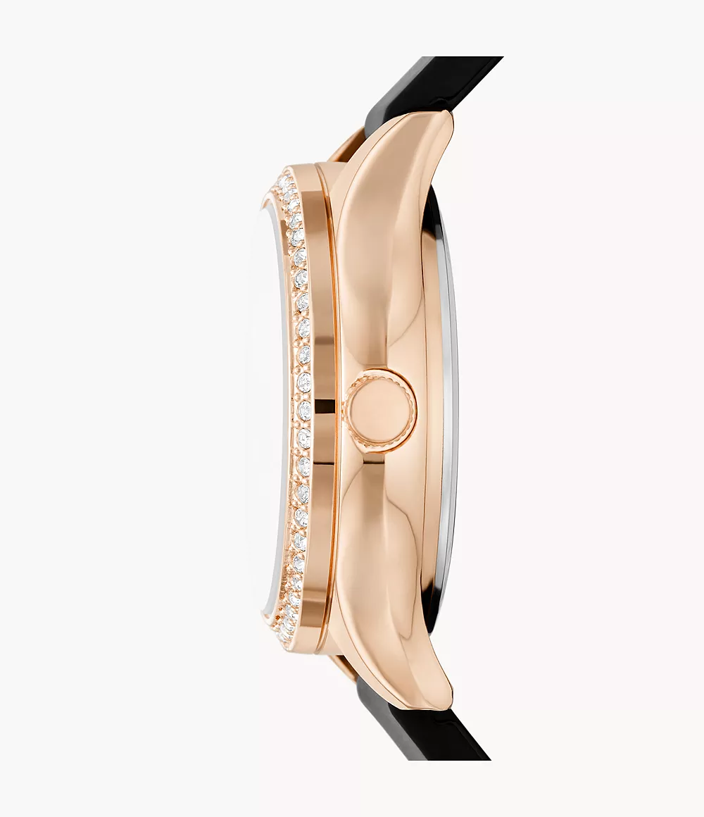 Skechers Starline Women's 34mm Analog Rose Gold Tone metal case with glitz,  rose genuine mother of pearl dial and smooth black silicone strap - SR6251  - Watch Station