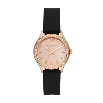 Skechers Starline Women\'s 34mm Analog Rose Gold Tone metal case with glitz,  rose genuine mother of pearl dial and smooth black silicone strap - SR6251  - Watch Station