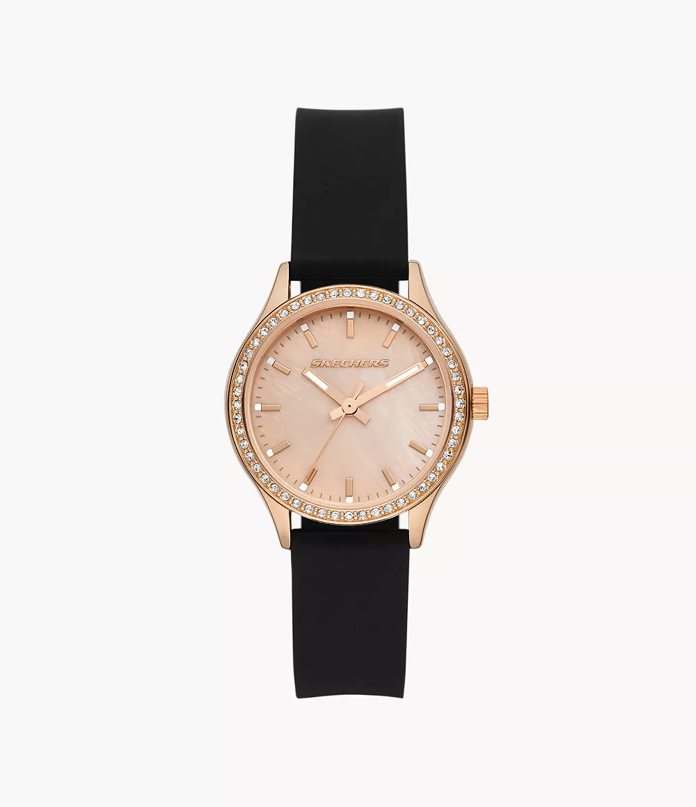 Skechers Starline Women\'s 34mm Analog Rose Gold Tone metal case with glitz,  rose genuine mother of pearl dial and smooth black silicone strap - SR6251  - Watch Station