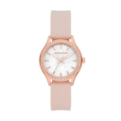 Skechers Women's Starline Women’S 34 Mm Analogue Rose Gold-Tone Metal Case With Glitz, White Genuine Mother Of Pearl Dial And Smooth Blush Silicone St