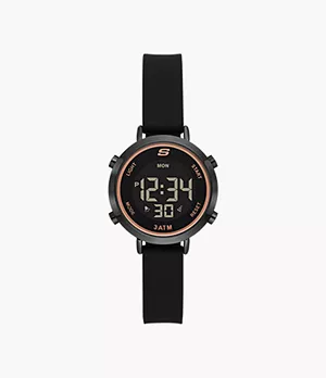 Skechers Magnolia 32mm Digital Chronograph Watch with Silicone Strap and Metal Case, Black and Rose Gold Tone