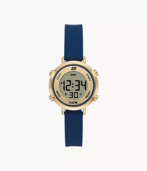 Skechers Magnolia 32 mm Digital Chronograph Watch with Silicone Strap and Metal Case, Blue and Gold-Tone