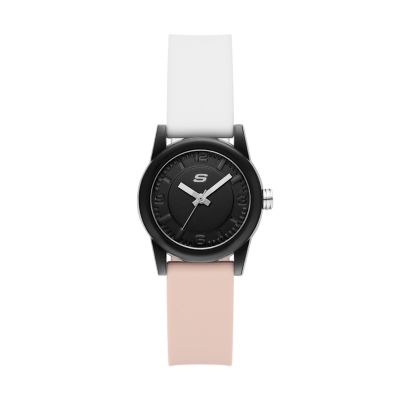 Skechers Rosencrans 40mm Quartz Analog Watch with Silicone Strap and Plastic Case, Black, White & Blush