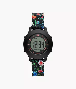 Montre chronographe numérique Rosencrans Skechers de 37 mm dotée d’un bracelet en silicone et d’un boîtier en plastique, floral noir