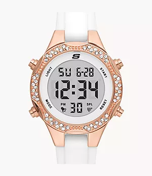 Montre chronographe numérique de 32 mm Skechers Brinkley pour femmes avec un bracelet blanc et un boîtier ton or rose 