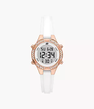 Montre chronographe numérique de 32 mm Skechers Brinkley pour femmes avec un bracelet blanc et un boîtier ton or rose 