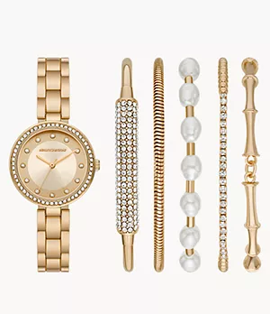 Ensemble cadeau Skechers pour femmes avec montre analogique à quartz à trois aiguilles de 32 mm, un bracelet et un boîtier ton or et des accessoires de bracelet