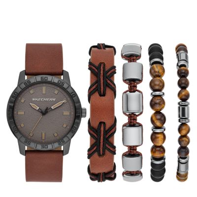 Skechers Men's Gift Sets 44mm Three-Hand Quartz Analog Watch with Cognac  Strap and Gunmetal Case with Bracelet Accessories