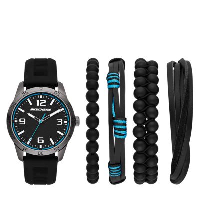Skechers Men\'s Gift Sets Watch Three-Hand with with SR9092 Bracelet Black 44mm and Station - Strap Case - Accents Turquoise with Black Watch Accessories Quartz Analog