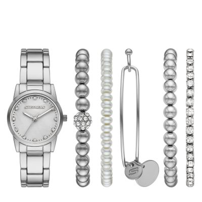 Skechers Women's Gift Sets 32mm Three-Hand Quartz Analog Watch with  Silver-Tone Bracelet and Case with Bracelet Accessories