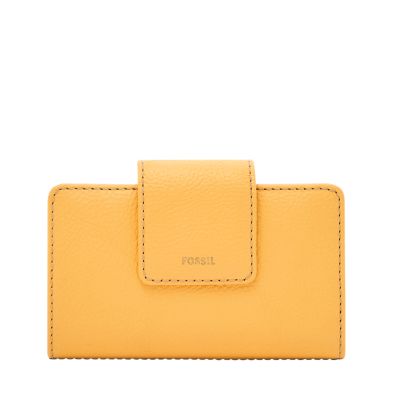 A light tan women’s leather clutch-style wallet.
