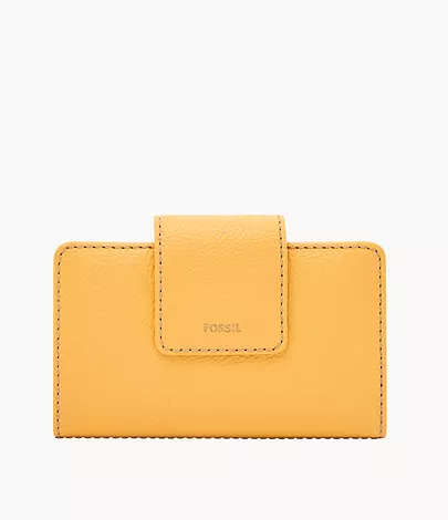 A light tan women's leather clutch-style wallet.