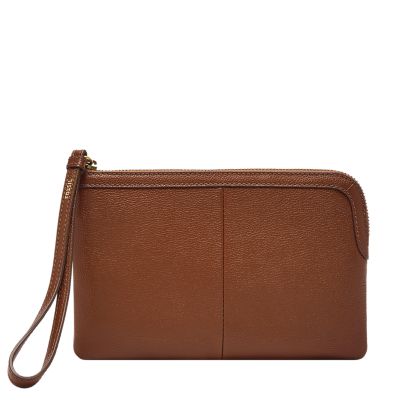 A women’s brown leather wristlet wallet.