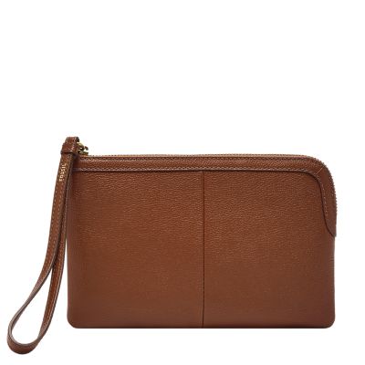 Eine Wristlet-Geldbörse für Damen aus braunem Leder.