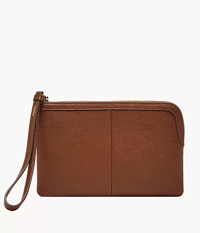 A women’s brown leather wristlet wallet.