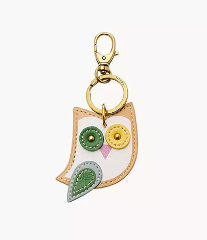 A colourful owl keychain crafted in leather for a three-dimensional effect.