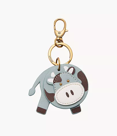 A cow-themed leather key fob with moveable parts.