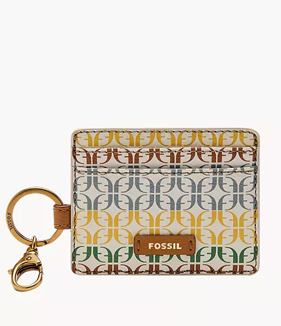 A women’s keychain wallet that features the signature Fossil logo pattern in rainbow colours.