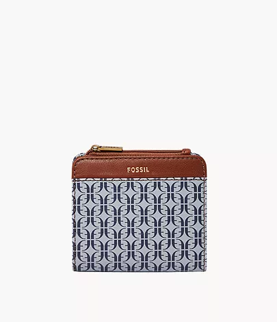 A women’s wallet featuring a blue and white graphic design in the signature Fossil logo print.
